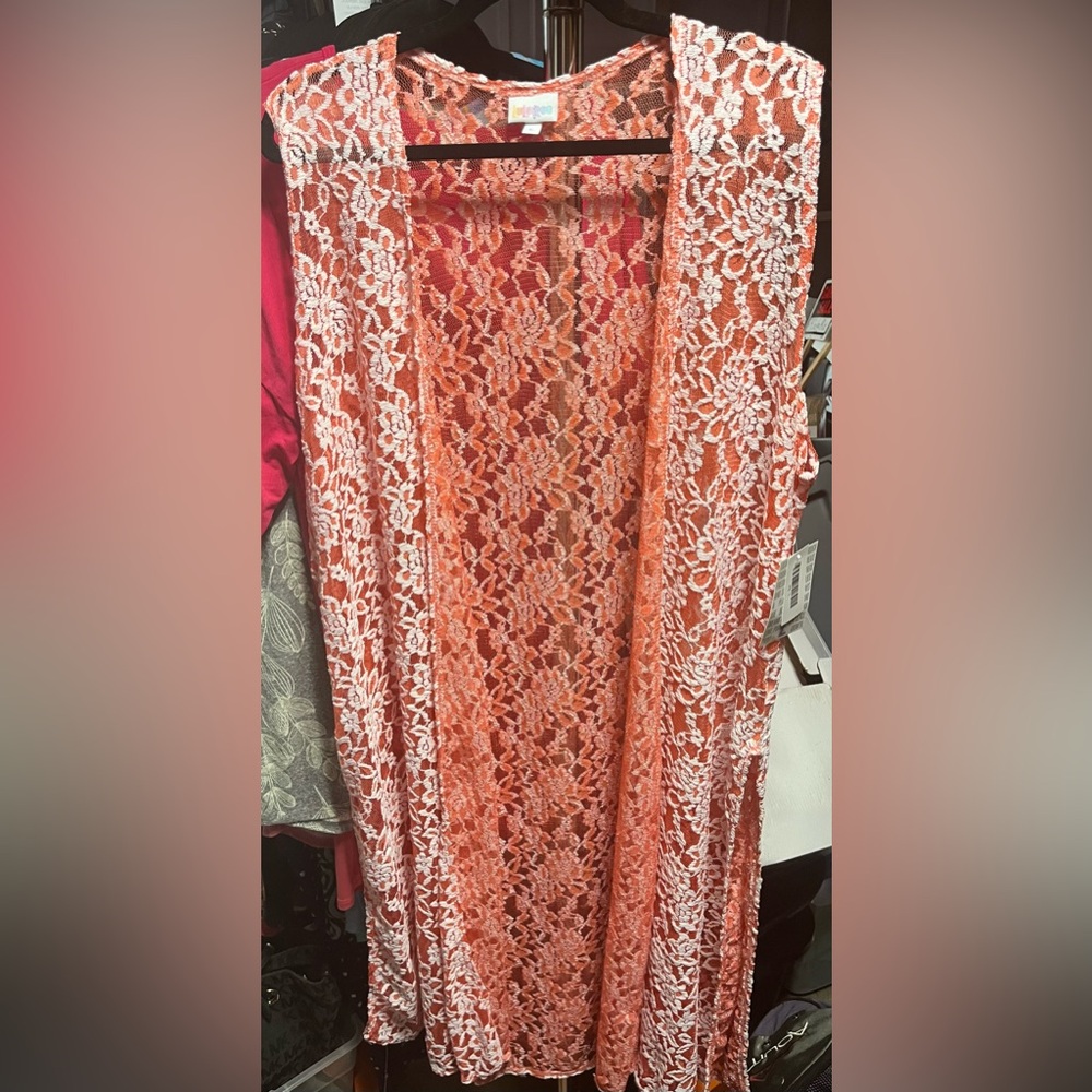 LuLaRoe Joy Long Sleeveless Vest Large Lace Pink & White brand New with Tags
